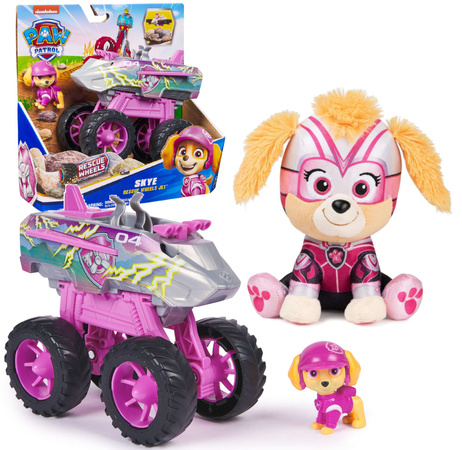 Zestaw Psi Patrol Skye pojazd odrzutowiec Rescue Wheels+ figurka i maskotka 15 cm