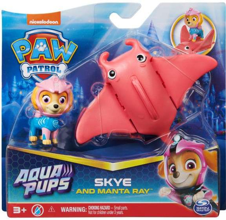 Psi Patrol Zestaw Aqua Pups figurka Skye i różowy diabeł morski z ruchomymi płetwami