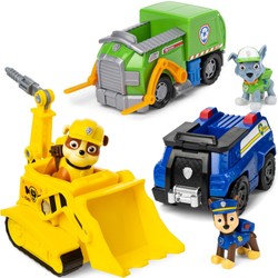Psi Patrol Rocky, Rubble i Chase figurki + pojazdy radiowóz śmieciarka i buldożer